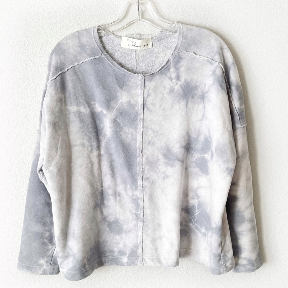 VINTAGE HAVANA CLOUD BLUE TIE DYE Sweatshirt Top Raw Hem Exposed Hem Top…